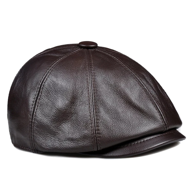 Men Genuine Leather Warm Octagonal Cap, Casual Vintage Duckbill Cap Golf Driving Flat Cabbie Hat, Winter Male Artist Gatsby Cap