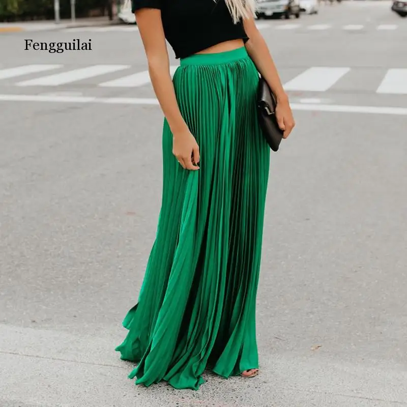 New Spring Summer High Waist Pleated Skirt Women Chiffon Skirt Long Skirt Solid Big Size Young Ladies Party Saia Femme 3xl