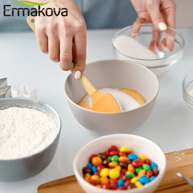 ERMAKOVA 5 Pcs Mini Silicone Spatula Silicone Spoon Baking Brush with Healthy Oak Handle for Cooking and Baking Kitchenware Set