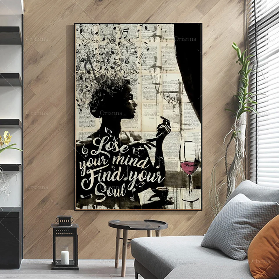 Lose Your Mind Find Your Soul Poster, Music Lover Wine Lover Abstract Wall Art Oil Painting Canvas Modern Home Decor Canvas