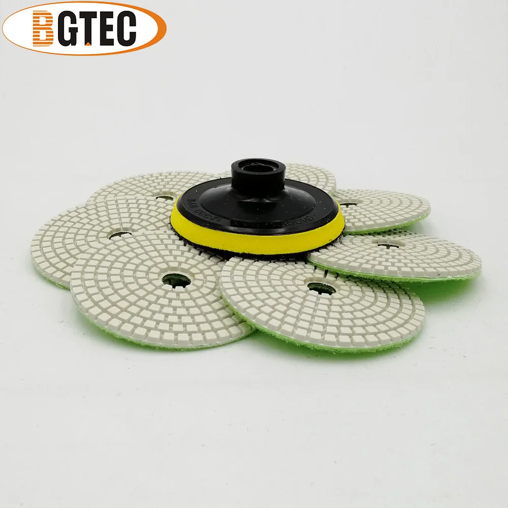 BGTEC 4 pollici 7pcs #1500 del diamante bagnato flessibile lucidatura pad con M14 Plastica Backer pad 100 millimetri di marmo, granito, quarzo levigatura a disco