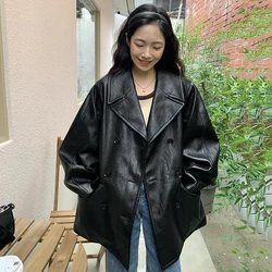 Vintage Double Breasted Faux Leather Jacket Women Big Pocket 2024 Autumn Loose Casual Lapel Long Sleeve Black Motorcycle Jacket