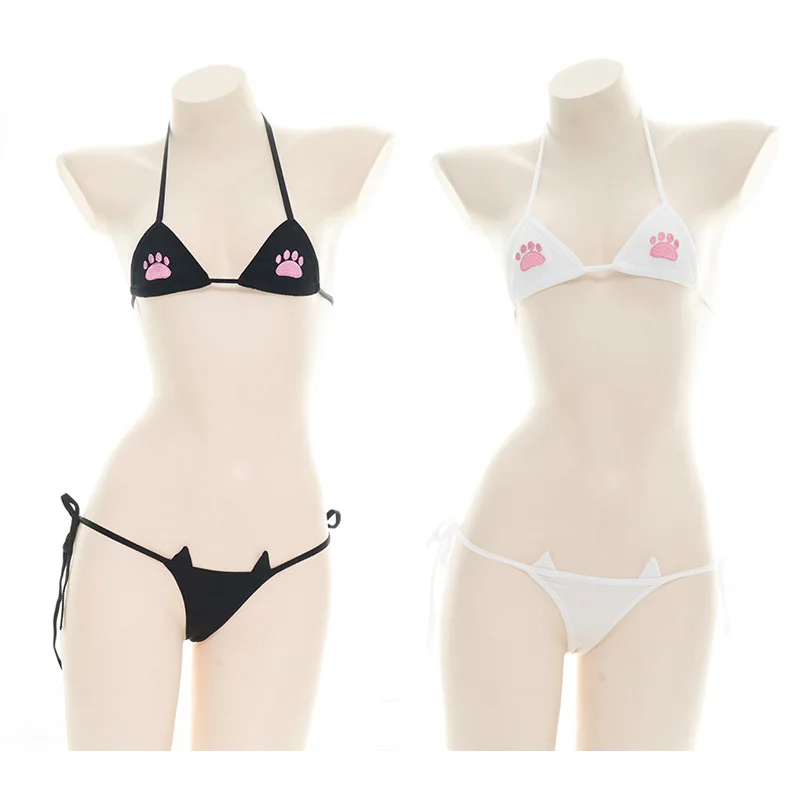 Sexy Womens Summer Cat Paw Embroidered Mini Bikini Cute Kawaii Anime Cosplay Lingerie Set Self Tie Bra Top with Briefs Drop Ship