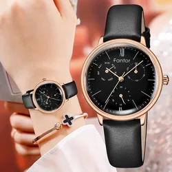 Fantor Brand Woman Luxury Watch Fashion Elegant Ladies Chronograph Quartz Wristwatch Women Leather Wrist Watch Black