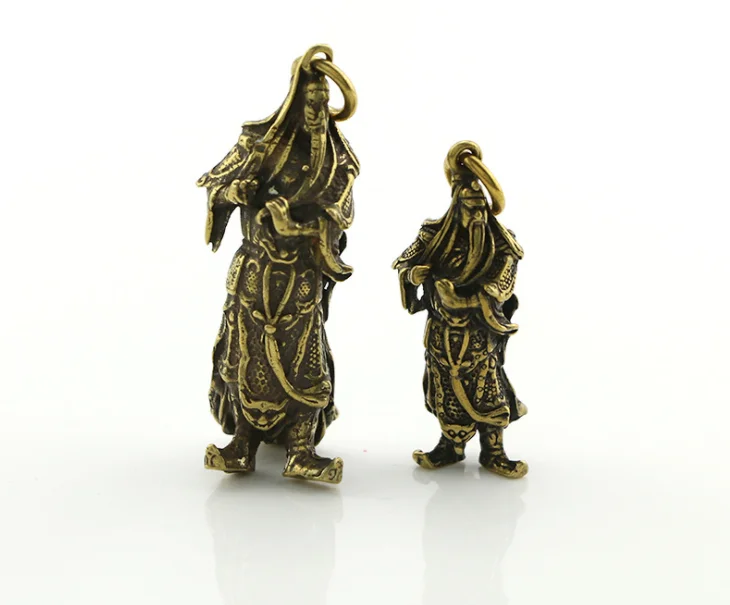 vintage Brass statue Chinese Loyalty General Guan Yu craft Keychain ring Pendant ornament Miniature Fitting decoration a1204