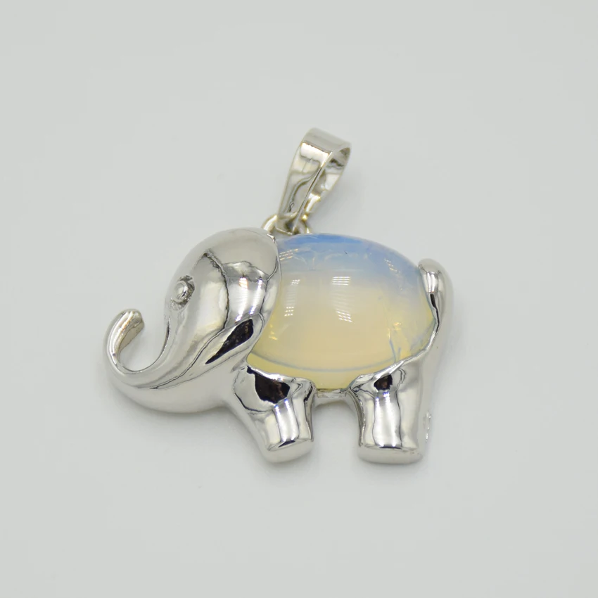 Fashion Silver Color Cute Animal Elephant Natural Stone Crystal Bead Pink Quartzs Tiger Eye Necklace Pendant for Women Men Charm