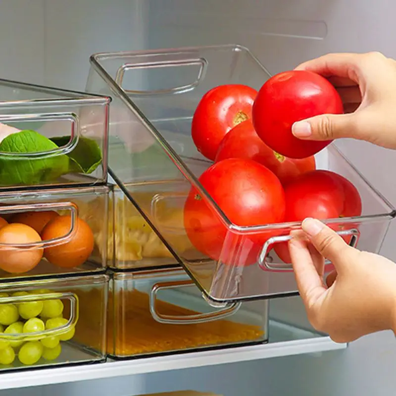 Refrigerator Organizer Pantry Food Storage Stackable Boxes With Cut Out Clear Plastic Handle