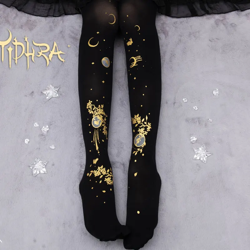 

Moon & Rabbit ~ Sweet Patterned Lolita Tights Women's Black Pantyhose by Yidhra