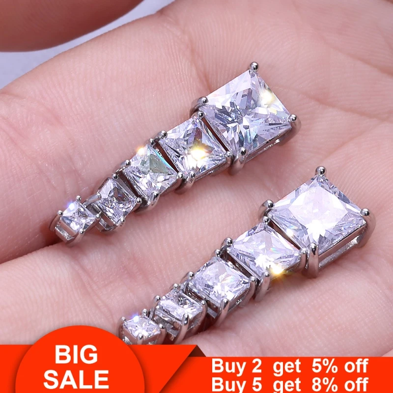 Simple Earrring Square cut AAA Cz Silver Color Statement Engagement Wedding Stud Earrings for women Bridal Party Jewelry