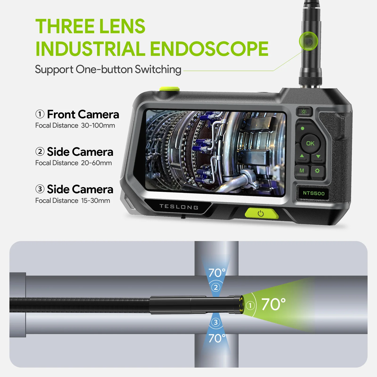 Triple Camera Endoscope, Teslong NTS500 5'' IPS Inspection Camera with Front, Side & Short-Focus Three Way Lens- for Auto HVAC