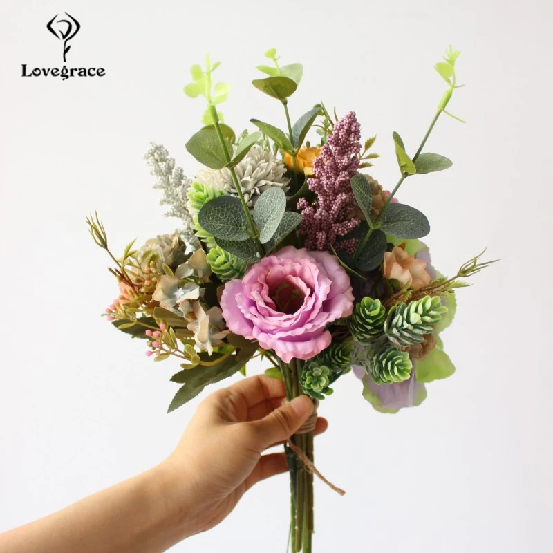 Lovegrace-ramo de flores de seda para novia y Dama de honor, hecho a mano de hortensia pompón, hoja de eucalipto de vainilla