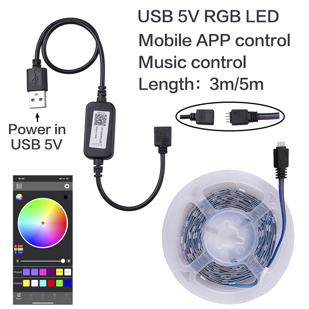 RGB SMD 5050 LED Bluetooth-controlled LED Strip Lights powered by USB DC 5V 3M (9.8Ft) / 5M (16.4Ft)