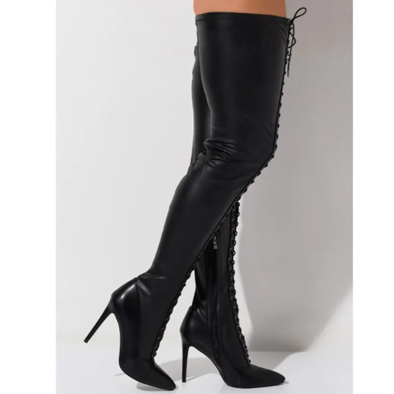 2020 Lace-Up Sexy Women Leather Thigh High Boots Autumn Winter Pointed Toe Stiletto Knight Boots Black Side Zip High Heels Shoes