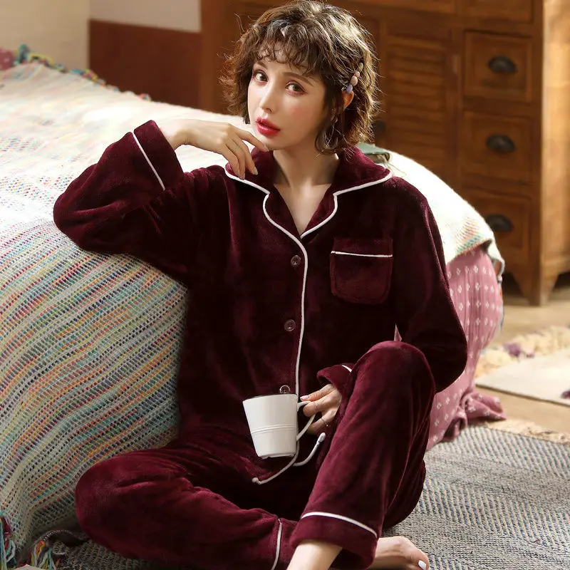 

Lapel Lady 2PCS Pajamas Set Winter New Sleepwear Long Sleeve Shirt&Pants Nightwear Loose Pijamas Suit Flannel Home Clothing