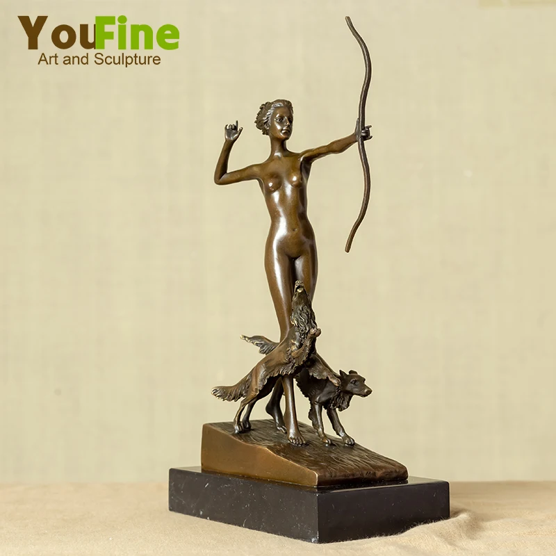 Diana with Dogs Bronze Sculpture on Marble Base Mythological Goddess Of Hunters Patron For Home Indoor Decor Ornament Gifts