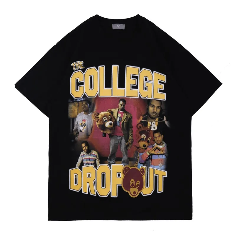 2021SS Kanye West T shirt  College Dropout Music Album Tee Men Women High Quality Pattern Print Washed Tops Hip Hop Short Sleeve