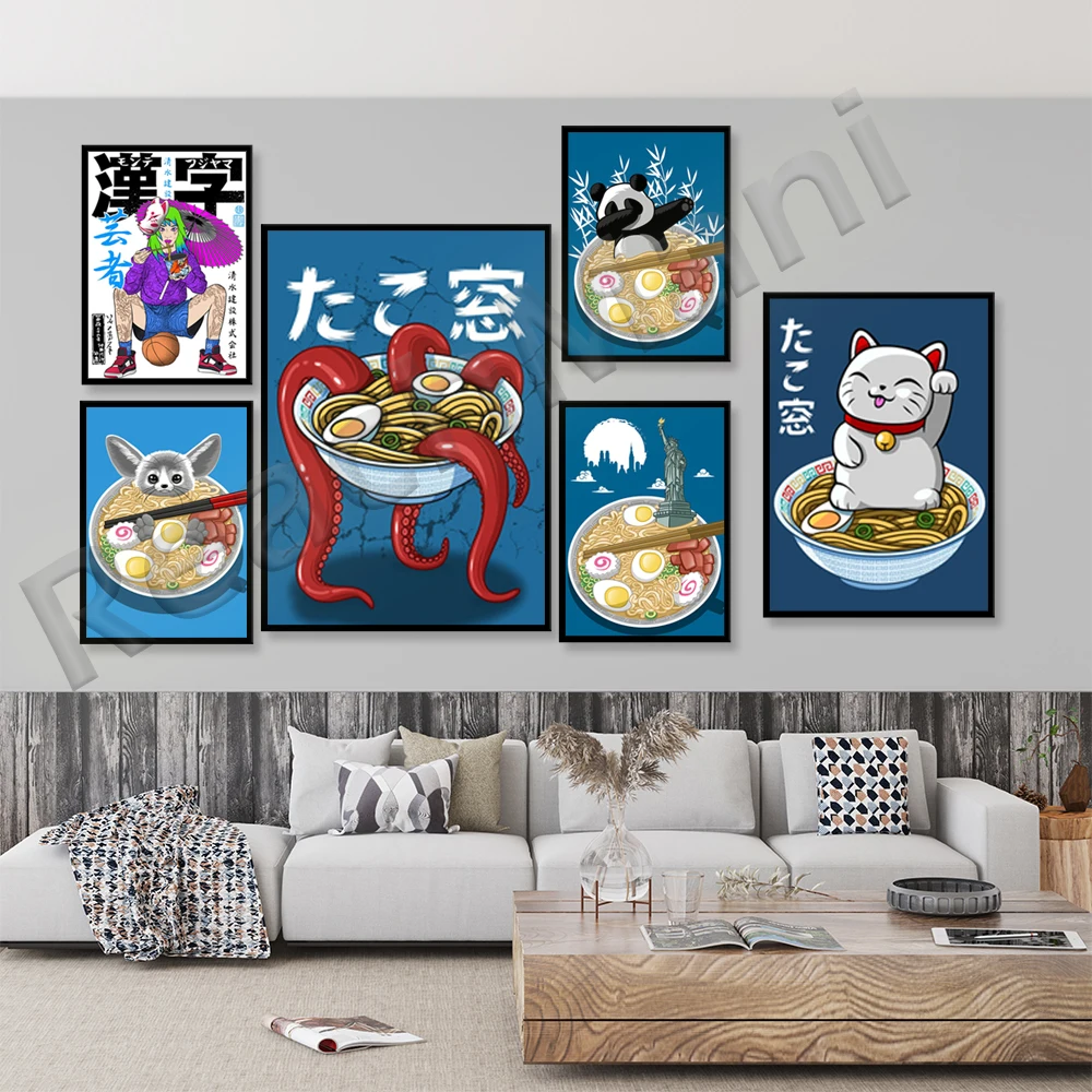 Ramen Cat Canvas Art Painting Japanese Food Noodles Posters and Prints Cats Animals Wall Pictures For Kitchen Restaurant Decor