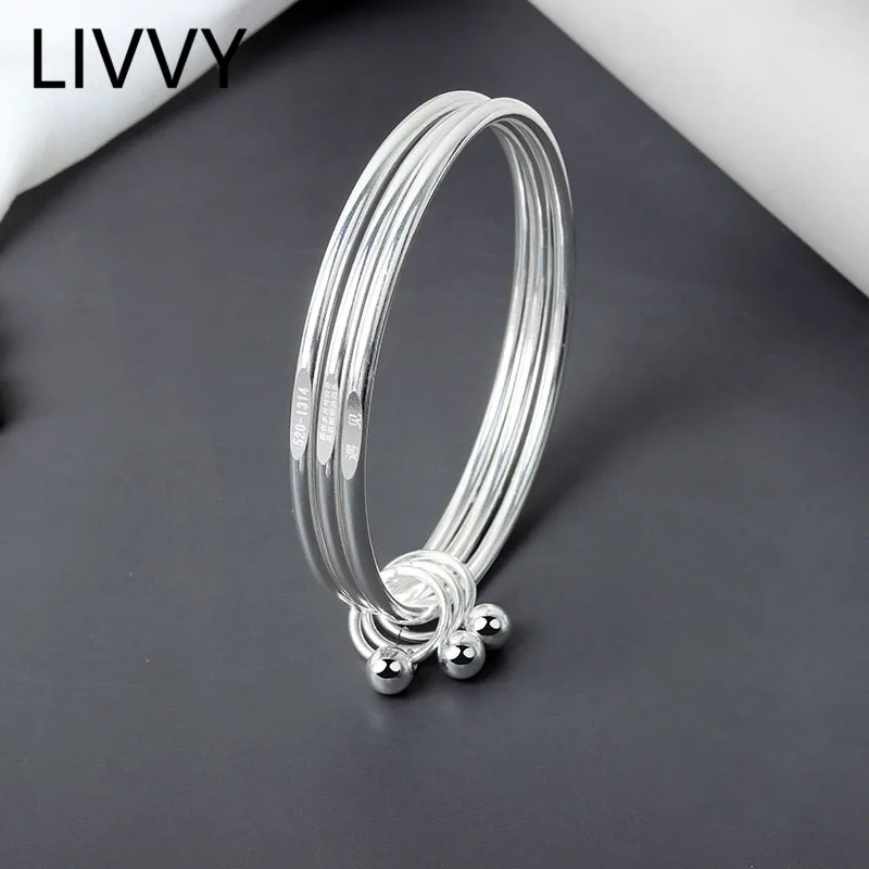 Korean Glossy Simple Classic Three-layer Ball Silver Color Bangles & Bracelet for Women Handmade Fine Jewelry Birthday Gifts