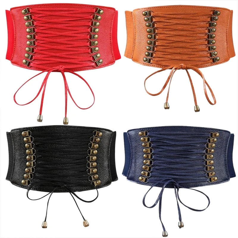 

Women Elastic Wide Band Tied Waspie Girl Corset Waist Punk Cincher Belt PU Leather Ladies .