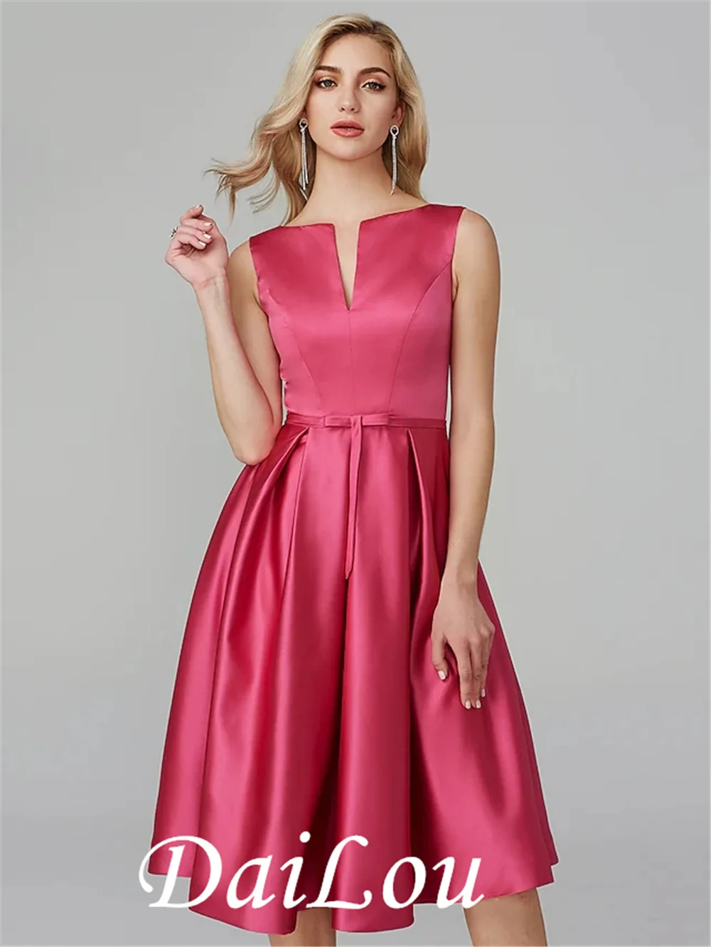 

A-Line Minimalist Elegant Cocktail Party Prom Valentine's Day Dress V Wire Sleeveless Knee Length Satin with Sash / Ribbon 2021