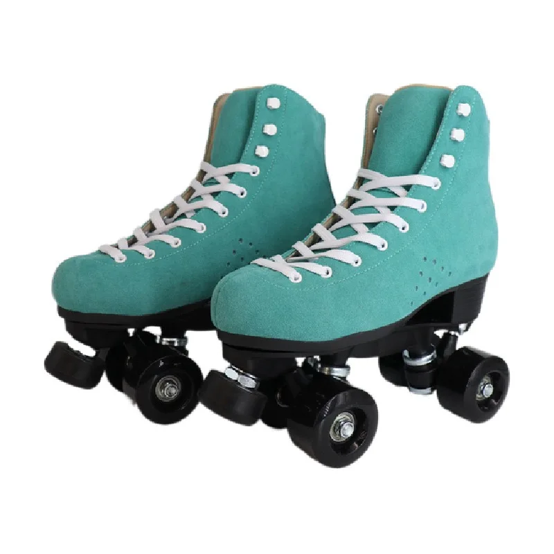 

Green Suede Quad Roller Skate Double Line Skates Mens 2 Row Skating Boots Unisex Sport Patines Retro Sliding Gears Size 33-48