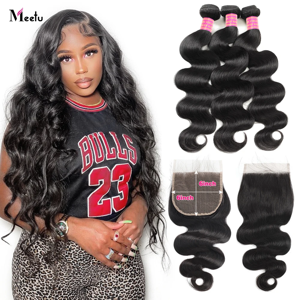 

Meetu 6x6 5x5 Lace Closure with Bundles Body Wave Bundles with Closure Human Hair Bundles with Closure 3 4 Bundles with Closure