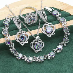 Conjuntos de joyas de plata 925 en forma de corazón para mujer, pulsera de topacio multicolor, pendientes, collar, anillo colgante, joyería de boda, 4 Uds.