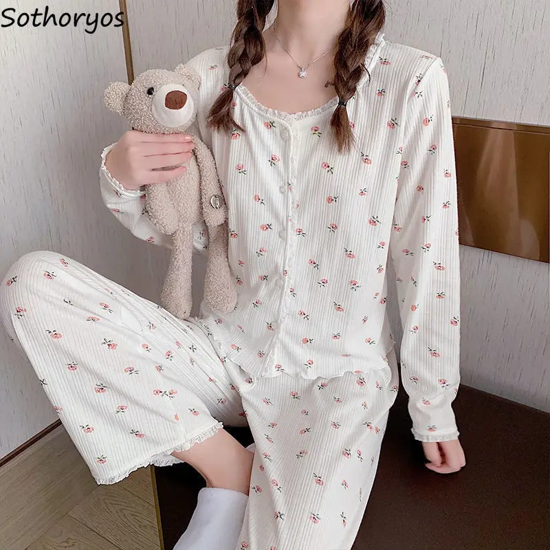 Floral Pajama Sets Women Sweet Teenagers Cozy Breathable Long Sleeve Tops Ankle Length Pants Lovely Sleepwear Loose Lounge Chic