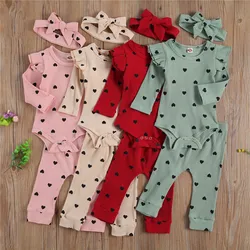 Newborn Baby Girl Ribbed Clothes Set Heart Print Crew Neck Lace Long Sleeve Top Long Pants and Hairband 3-piece Suits