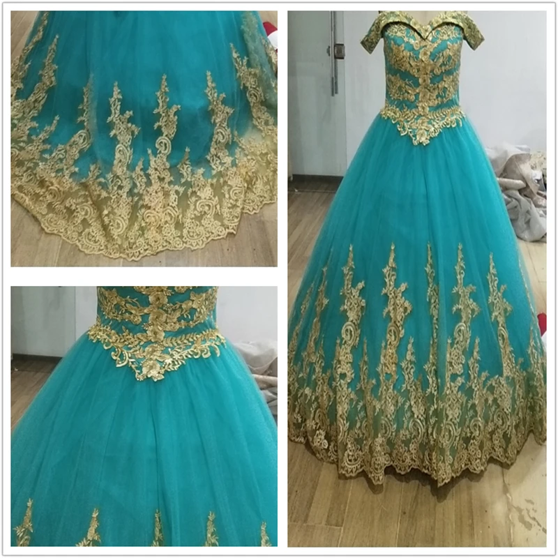 Paillettes Vert Perles Organza Robe De Bal Robes De Quinceanera 2021 hors Épaule Douce 16 Robe De Soirée Robes De 15 Anos Or Dentelle