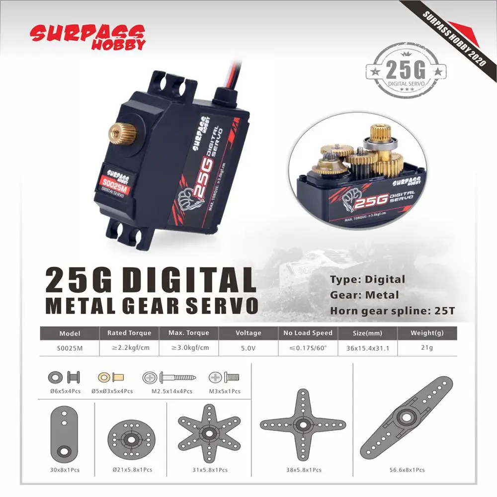 SurpassHobby S0025M 25g Metal Gear Servo S0025P 25g Plastic Gear Servo For 1/12 RC Car Aircraft RC Boat Robot Parts