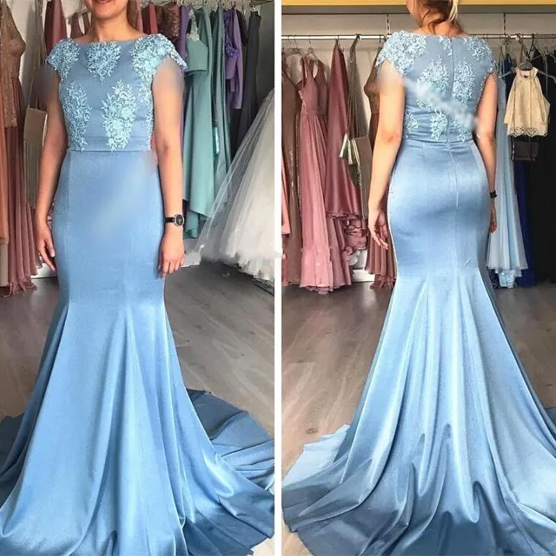 Light Sky Blue Mother of the Bride Dress Lace Cap Sleeve Modest Long Mermaid Evening Prom Gowns Customized Wedding Guest Dresses