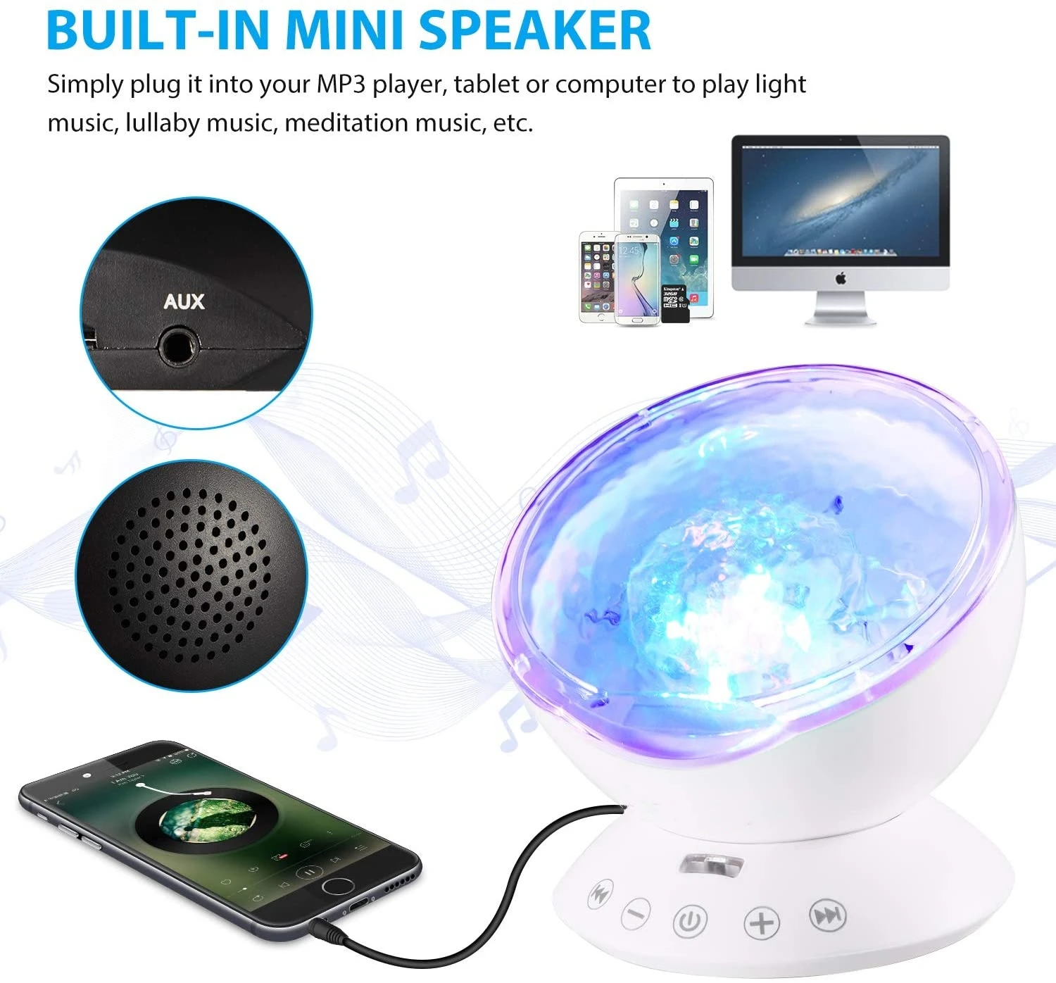 Decorative Night Light Kids LED Projection Night Light Remote Control Ocean Wave Projector With Music Player For Gifts Idea