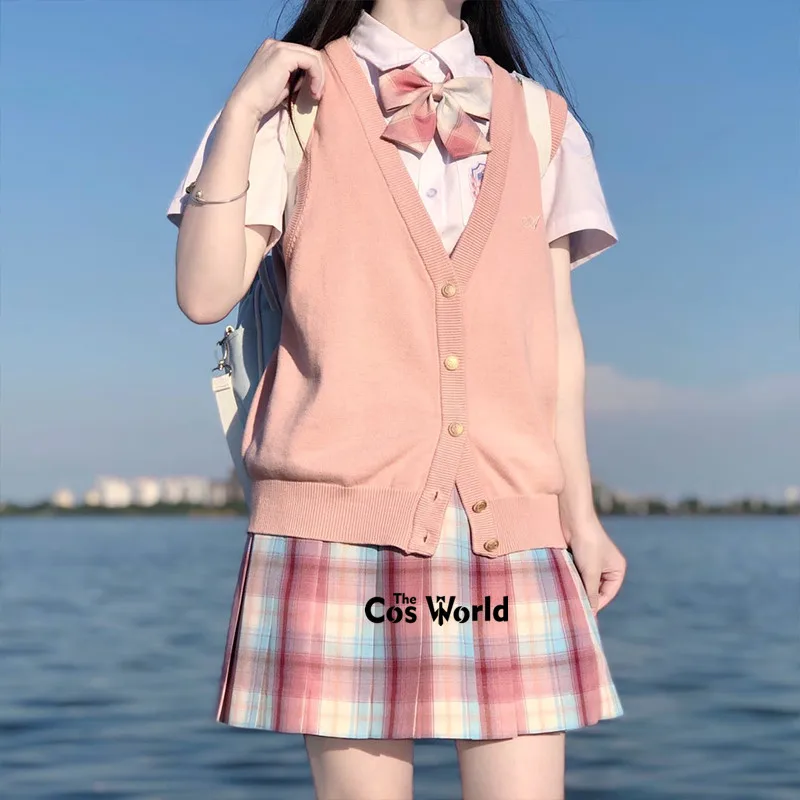 8 Colors Spring Autumn Sleeveless Embroidery Knit Vests Pullovers V Neck Sweaters For JK School Uniform Student Clothes