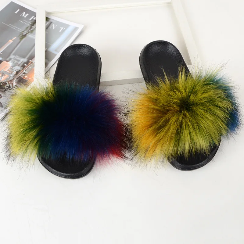 Summer 2022 Fluffy Fur Slippers Shoes Kids Real Flip Flop Flat Slides indoor Outdoor Sandals Children Amazing Slippers FS04