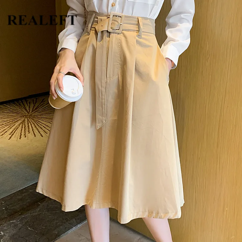 REALEFT Autumn Winter Elegant Umbrella Midi Skirts with Belted 2021 New High Waist Workwear Skater A-Line Skirts Pockets Female