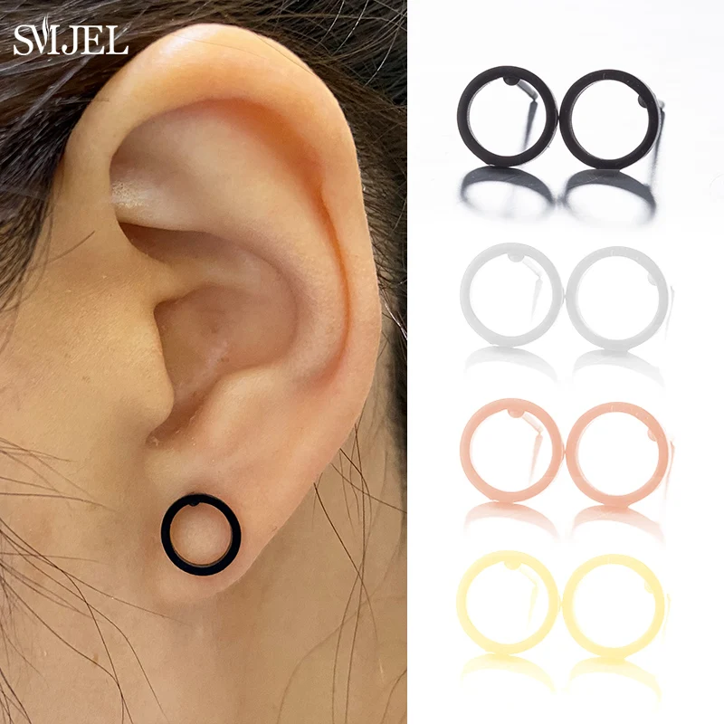 Minimalist Hollow Small Round Earrings for Women Hiphop Stainless Steel Black Circle Earings Ear Studs For Friend Boyfriend Gift