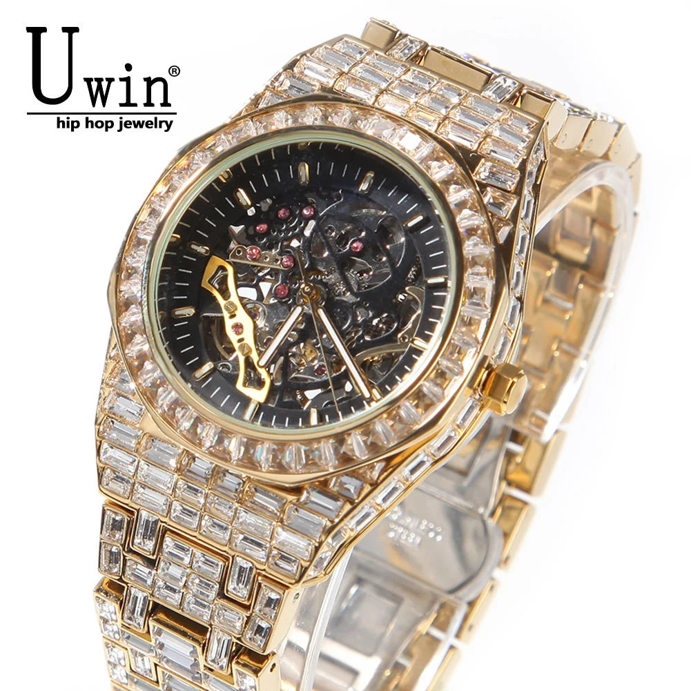 Uwin Fully Mechanical Watch Stainless Steel Waterproof Full Iced Out Minimalist Diamond Classic Designer Watches For Male