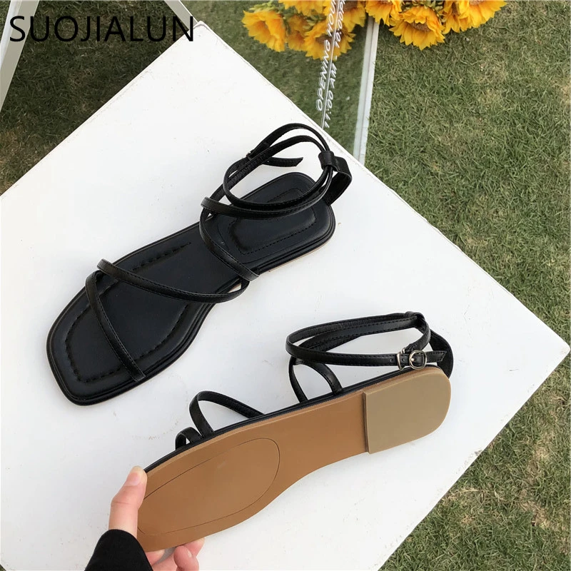 SUOJIALUN-Sandalias de tacón plano para mujer, zapatos de gladiador con correa trasera y banda estrecha, informales, para playa, Verano