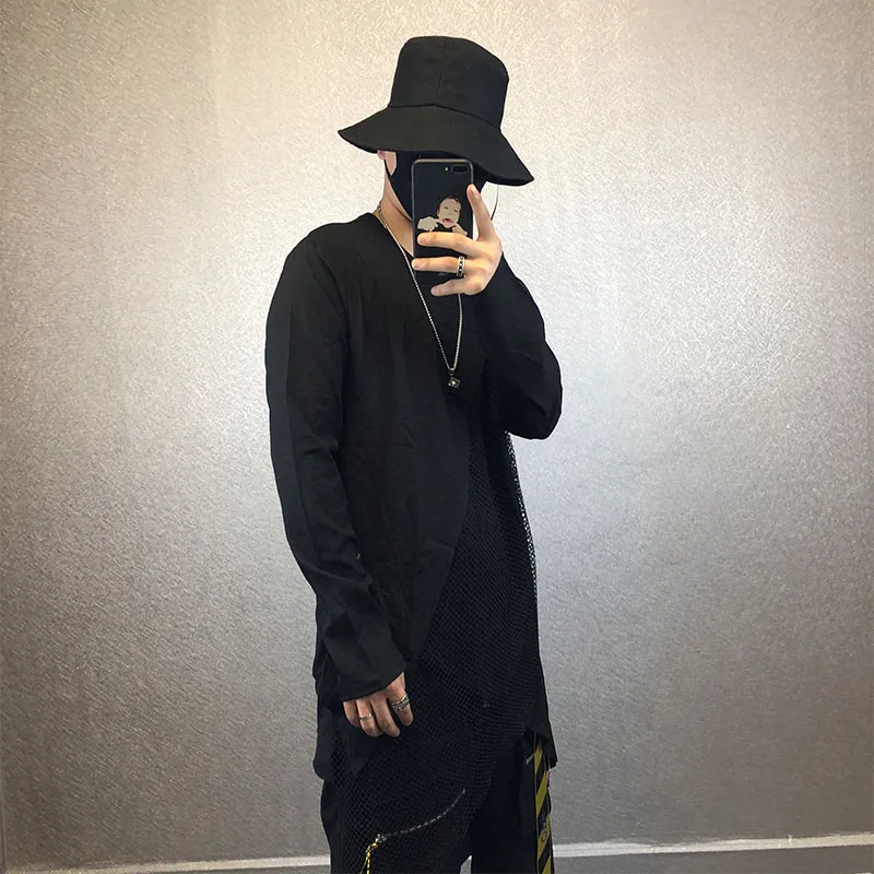 

Men's new personality irregular mesh splicing design leisure long sleeve T-shirt false two side slits large size bottom shirt