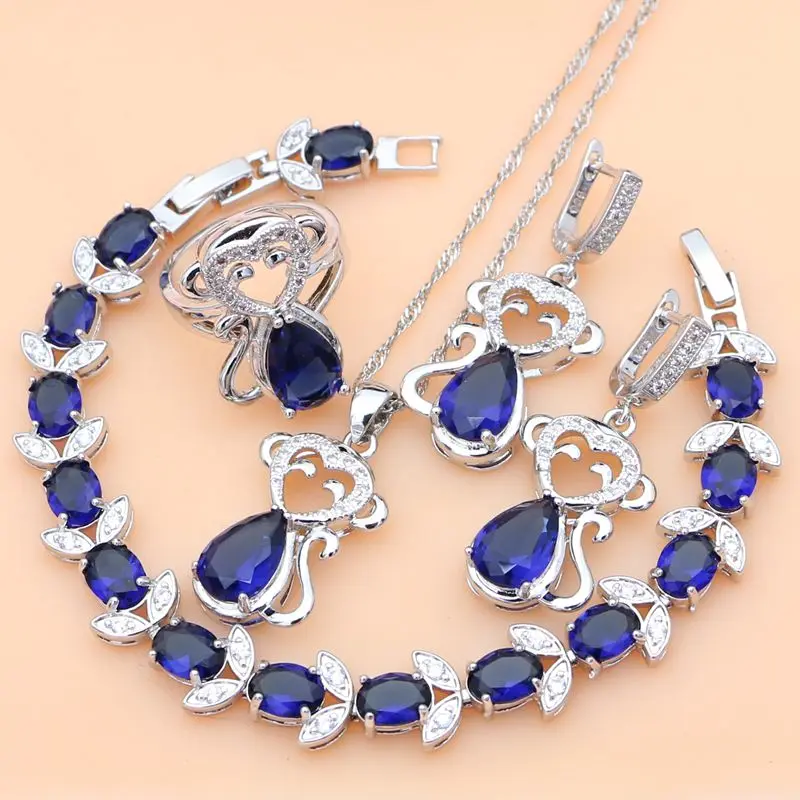 

Monkey Animal 925 Silver Bridal Blue Sapphire Jewelry Sets for Women Bohemia Bracelet Set Earrings and Ring