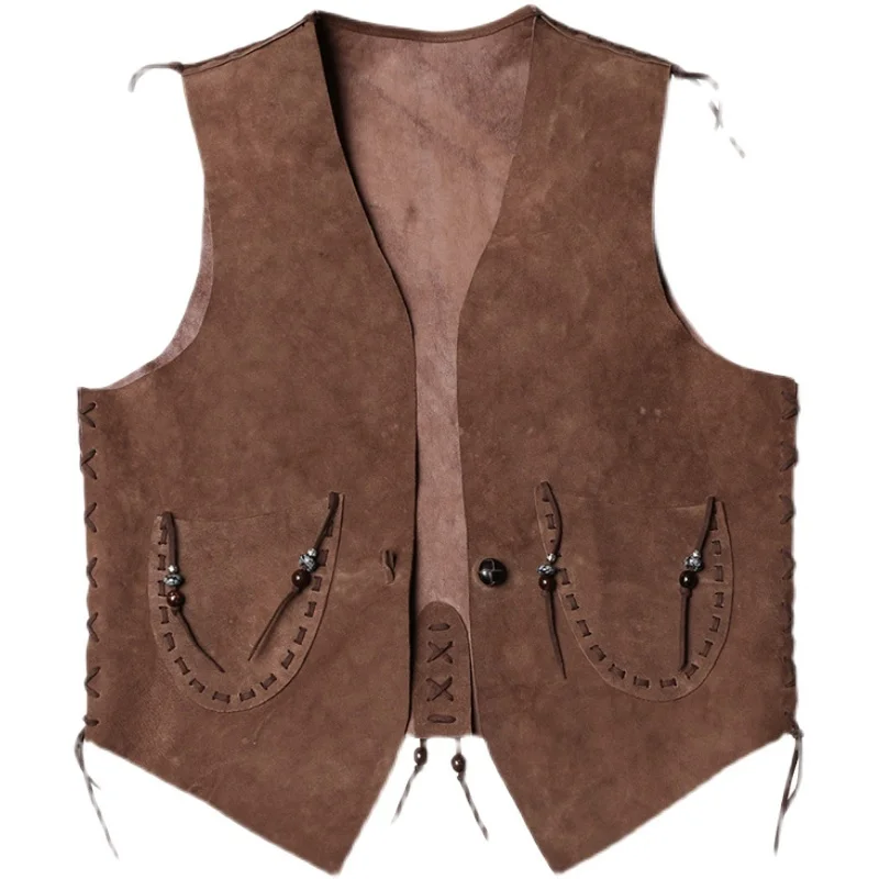 Cowboy Western Leather Vest Mens Genuine Leather Vintage Sleeveless Jackets Sheepskin Handmade Waistcoat Reversible Garment