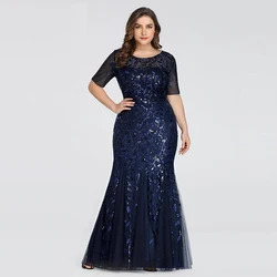 2023 plus size lantejoulas malha sereia vestido de noite fino frisado folhas padrão formal feminino elegante festa de formatura vestidos manga curta