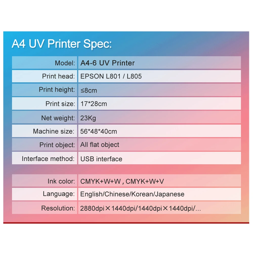 Impresora de inyección de tinta a Color, tinta de cinta plana A4 UV de 6 colores para impresión de patrones de acrílico/cerámica/metal/vidrio/madera