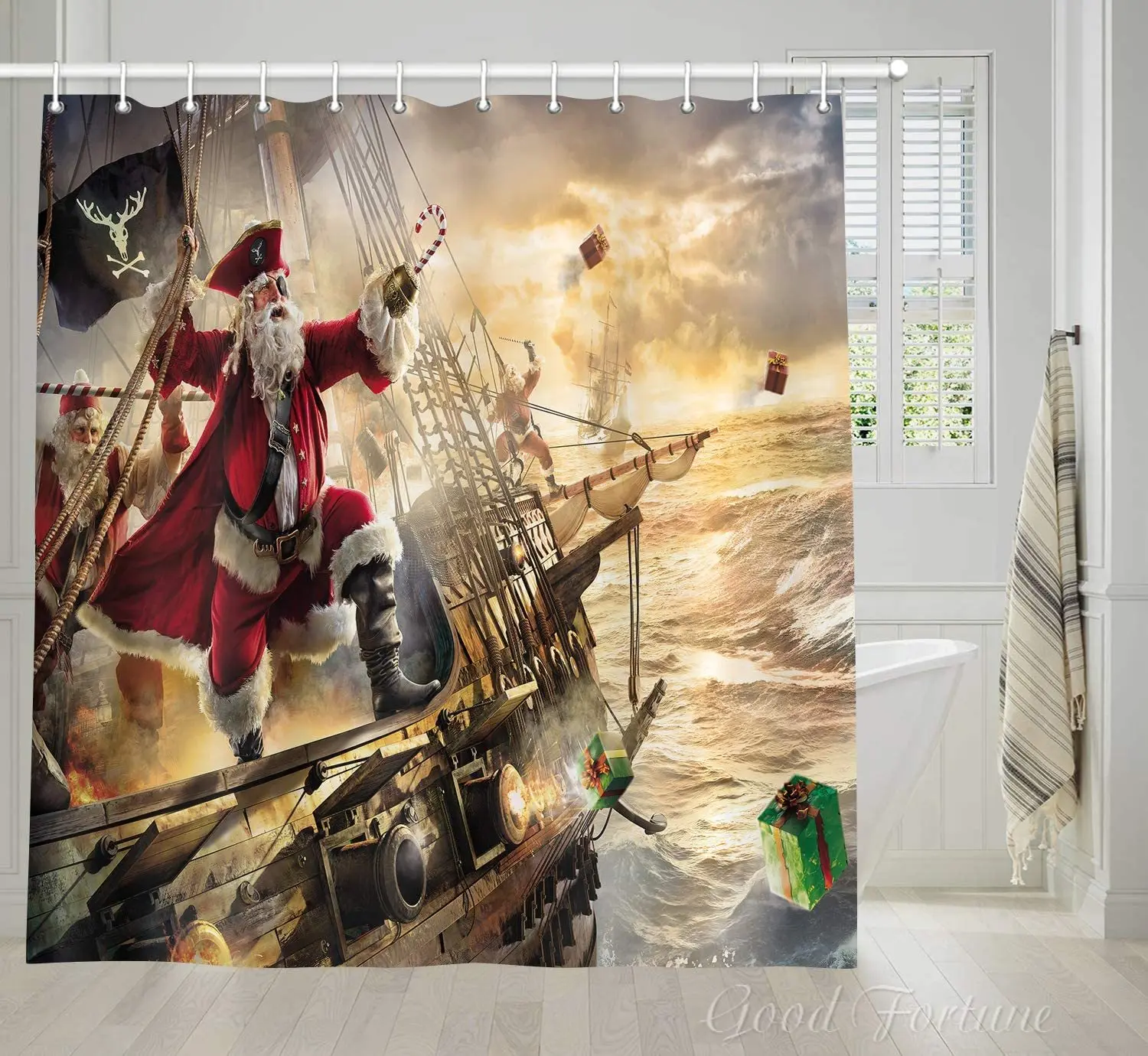 Funny Christmas Shower Curtain Cool Xmas Santa Claus On Nautical Pirate Ship On Ocean  Festival Holiday Decor