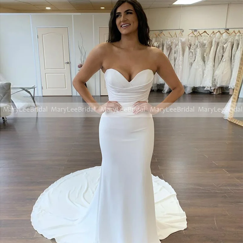 

2022 Mermaid Crepe Wedding Dresses Sweetheart Neckline Stretch Satin Transparent Buttons Back Trumpet Bridal Dress Long Train