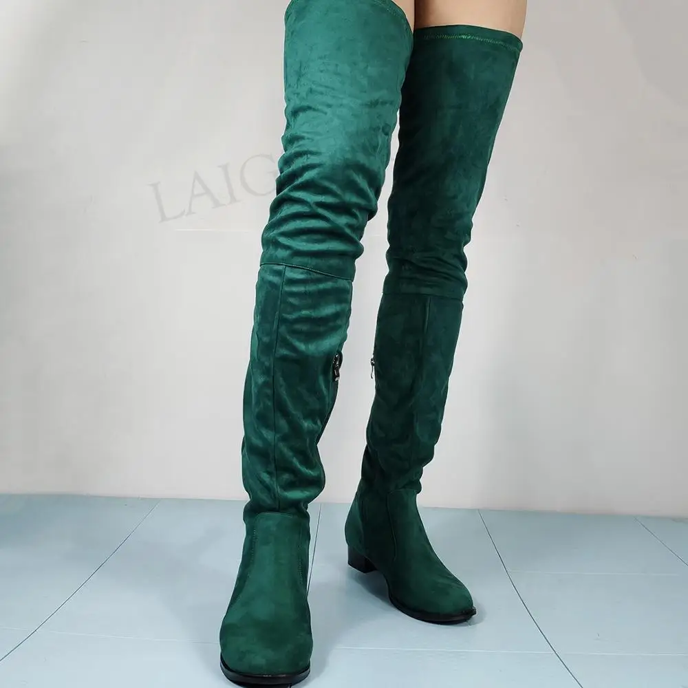 LAIGZEM, botas por encima de la rodilla para mujer, botas de tacón bajo con punta redonda, botas básicas altas hasta el muslo de gamuza sintética, zapatos de mujer de talla grande 42 45 52