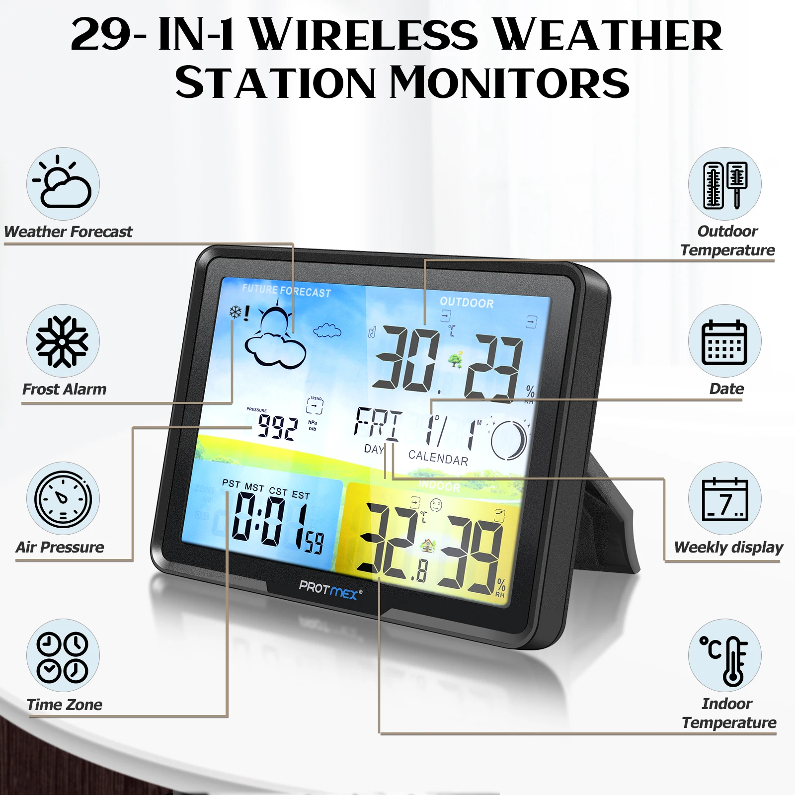 Protmex 20C Stasiun Cuaca Hygrometer Prakiraan Digital Suhu Kelembaban dengan 3 Sensor Nirkabel Monitor Dalam Ruangan Luar Ruangan 7.5"