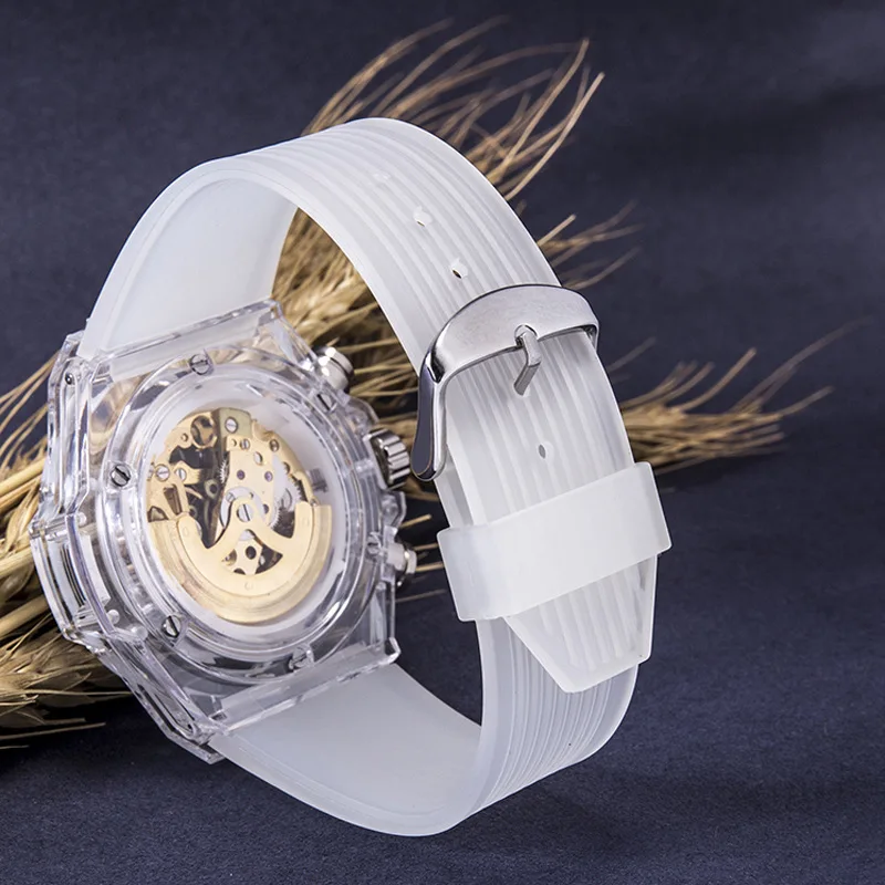 Montre mécanique étanche pour hommes et femmes, coque transparente, mode transparente, automatique, calendrier creux, étudiants, couple