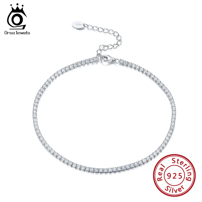 

ORSA JEWELS Pure 925 Silver Ankle Chain AAAA Zirconia Prong Setting Tennis Chain Fashionable Jewelry For Girls Gift SA03